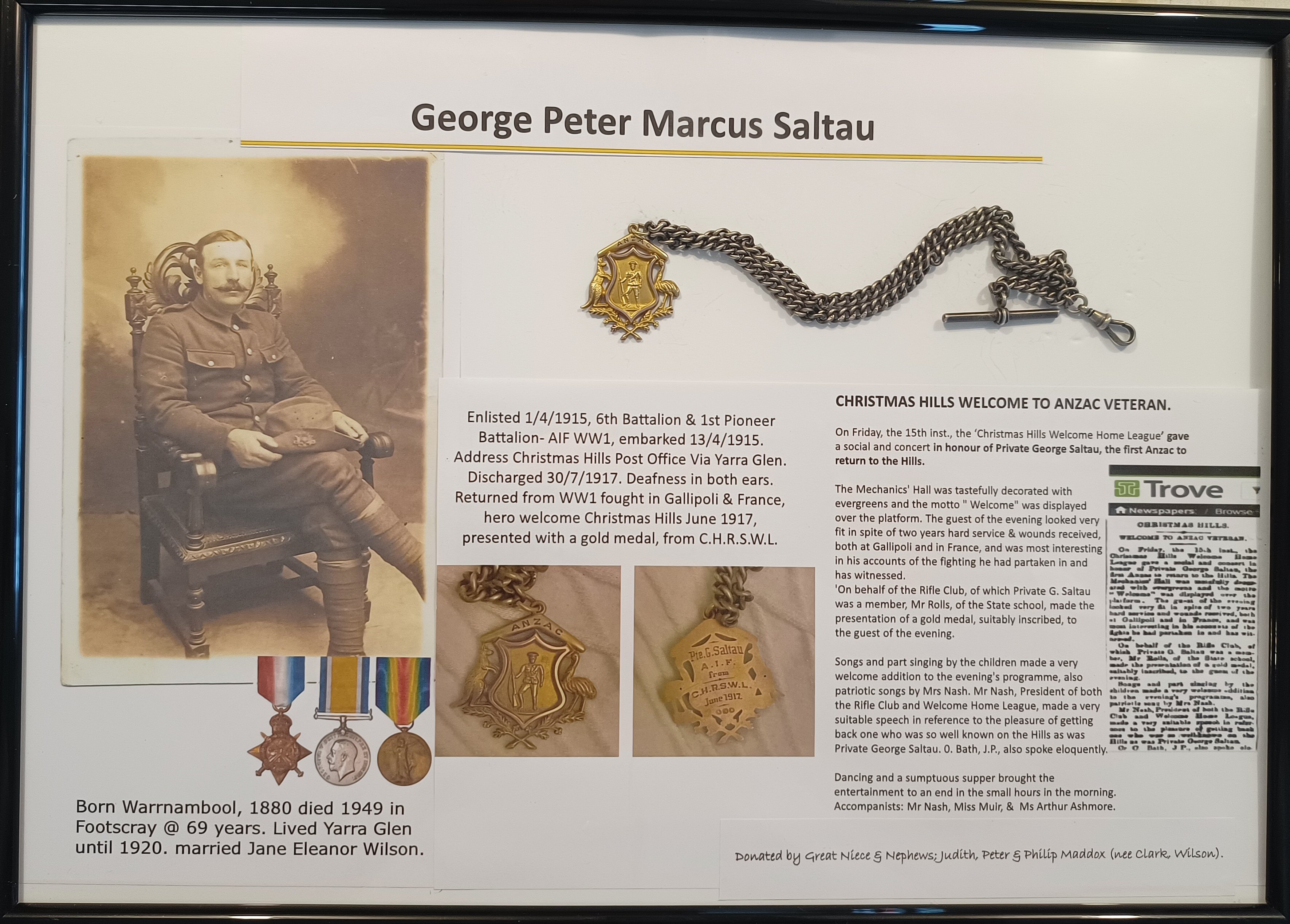Display of ANZAC Medal given to George Saltau in June 1917
